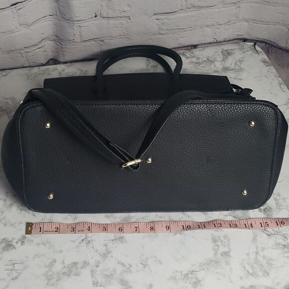 Two Tone Satchel Black Faux Leather Handbag with Decorative Lock - Picture 16 of 17